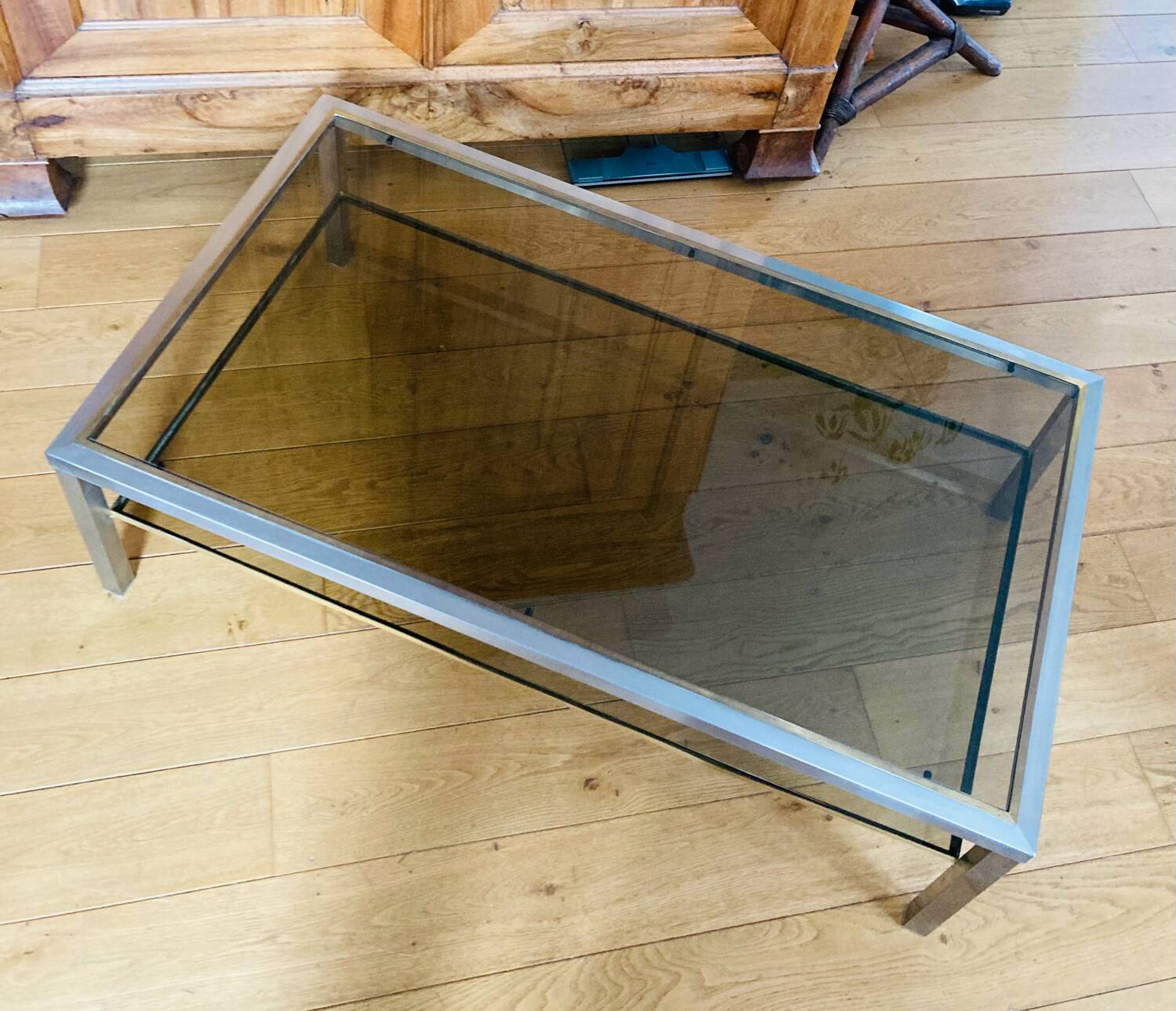1970s coffee table in brushed metal, brass and smoked glass by Willy R