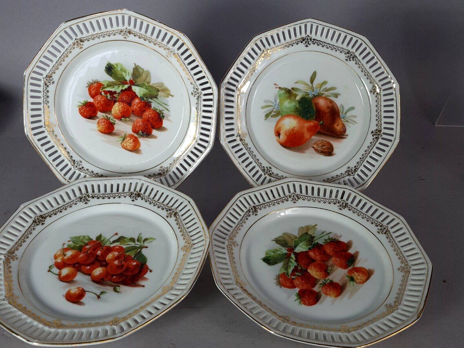 Set of 10 dessert plates & dish, openwork marli & fruits vintage 50s