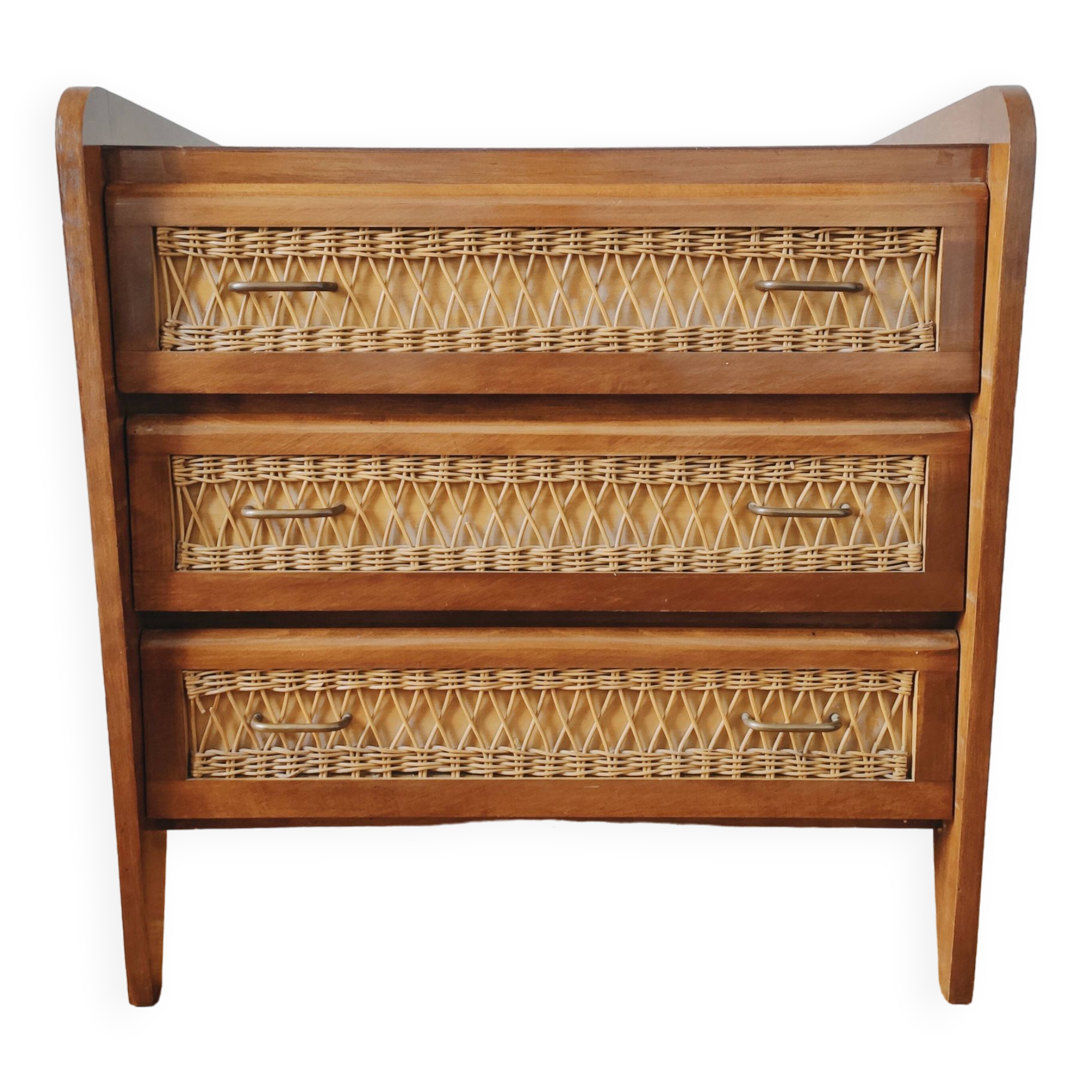 Vintage 1950 wood and rattan chest of drawers