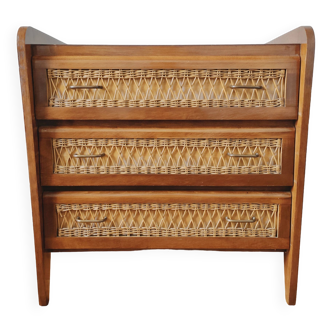 Vintage 1950 wood and rattan chest of drawers