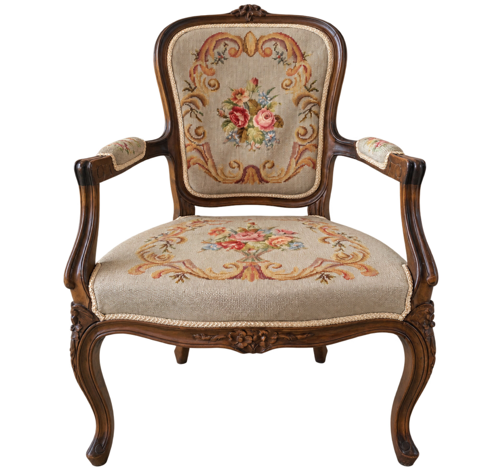 Louis XV style carved wooden armchair with floral needlepoint upholste