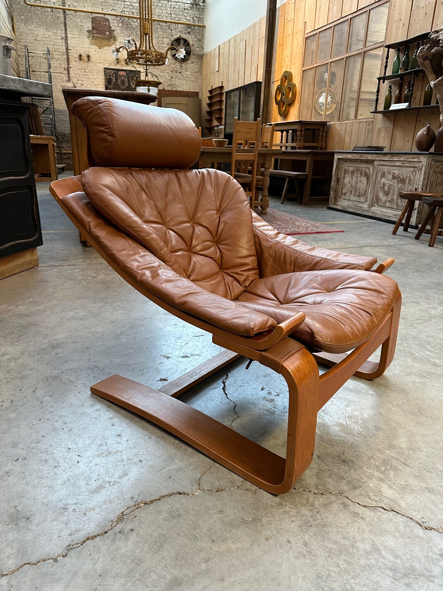 Kroken armchair and footrest in leather and bentwood by Ake Fribytter for Nelo Mobel, Sweden