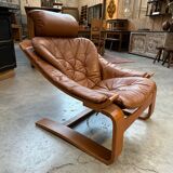 Kroken armchair and footrest in leather and bentwood by Ake Fribytter for Nelo Mobel, Sweden