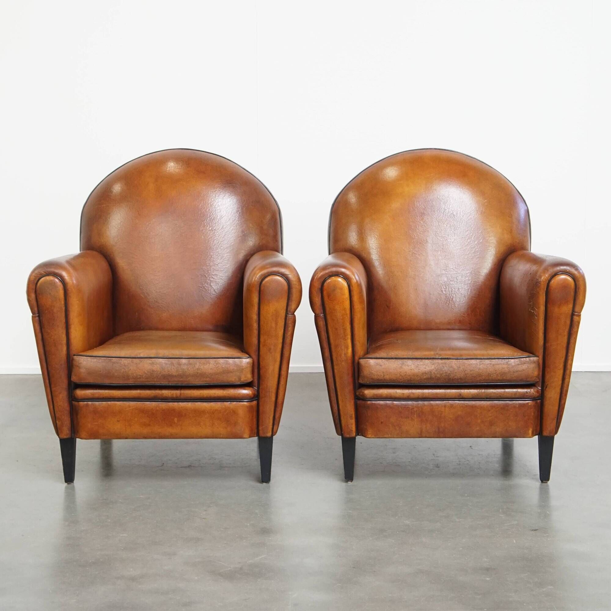 Set of 2 Vintage Sheepskin Leather Design Chairs
