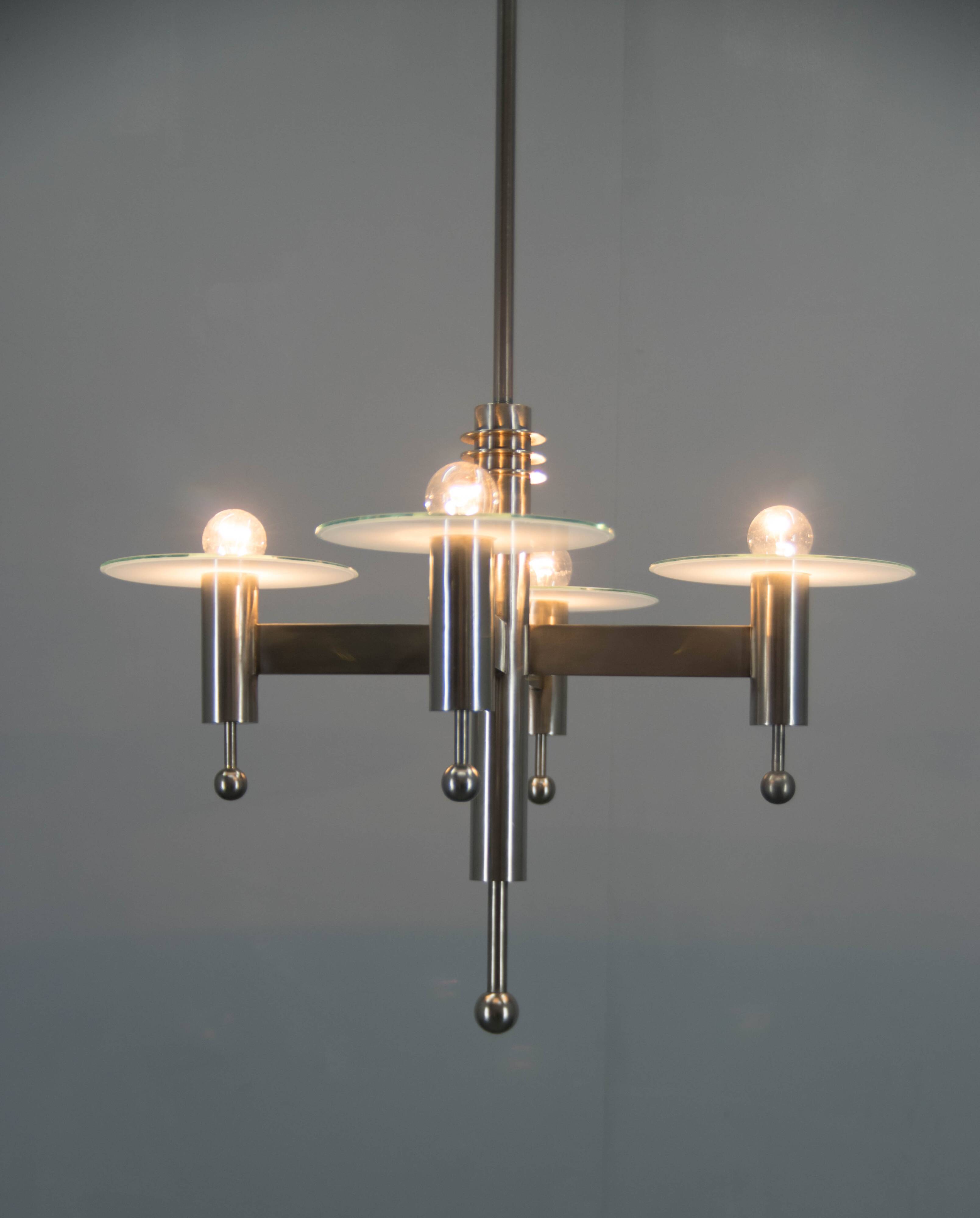 Machine Age Nickel-Plated 4-Flamming Chandelier, 1920s