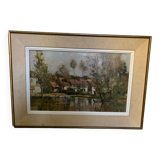 Oil on canvas landscape painting washerwomen, signed