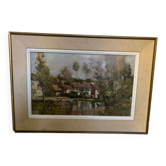 Oil on canvas landscape painting washerwomen, signed