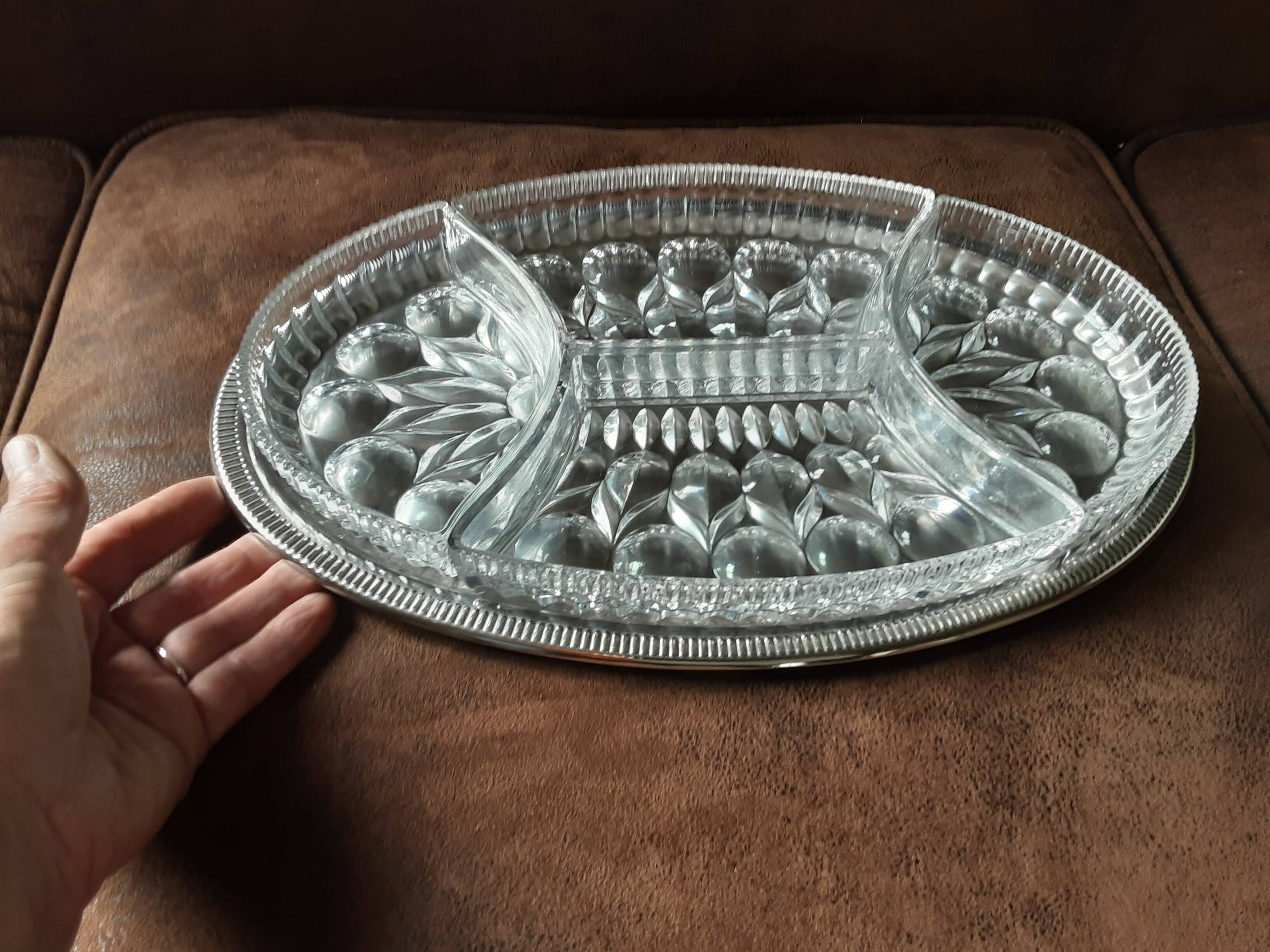 Metal dish with crystal compartments