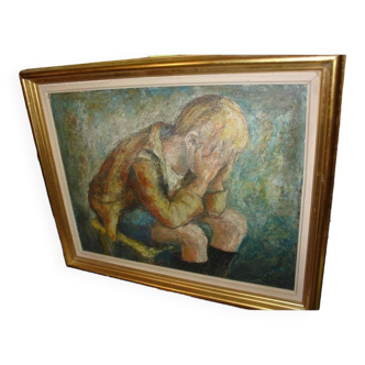 "Child's Sorrow" by Hubert JABOUL in 1957 oil on cardboard