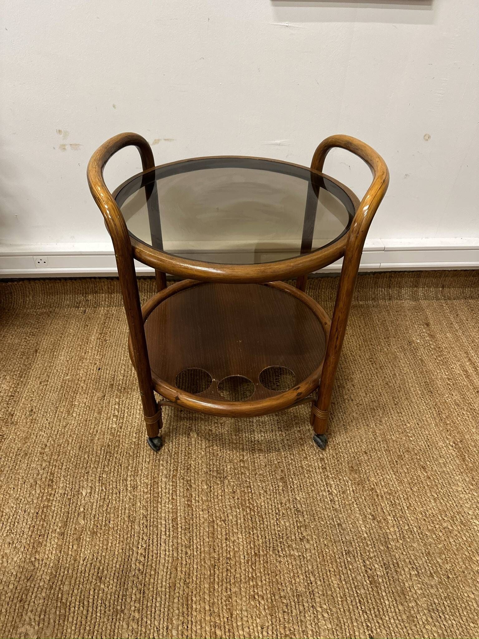 Vintage curved wooden rolling dessert trolley – smoked glass top