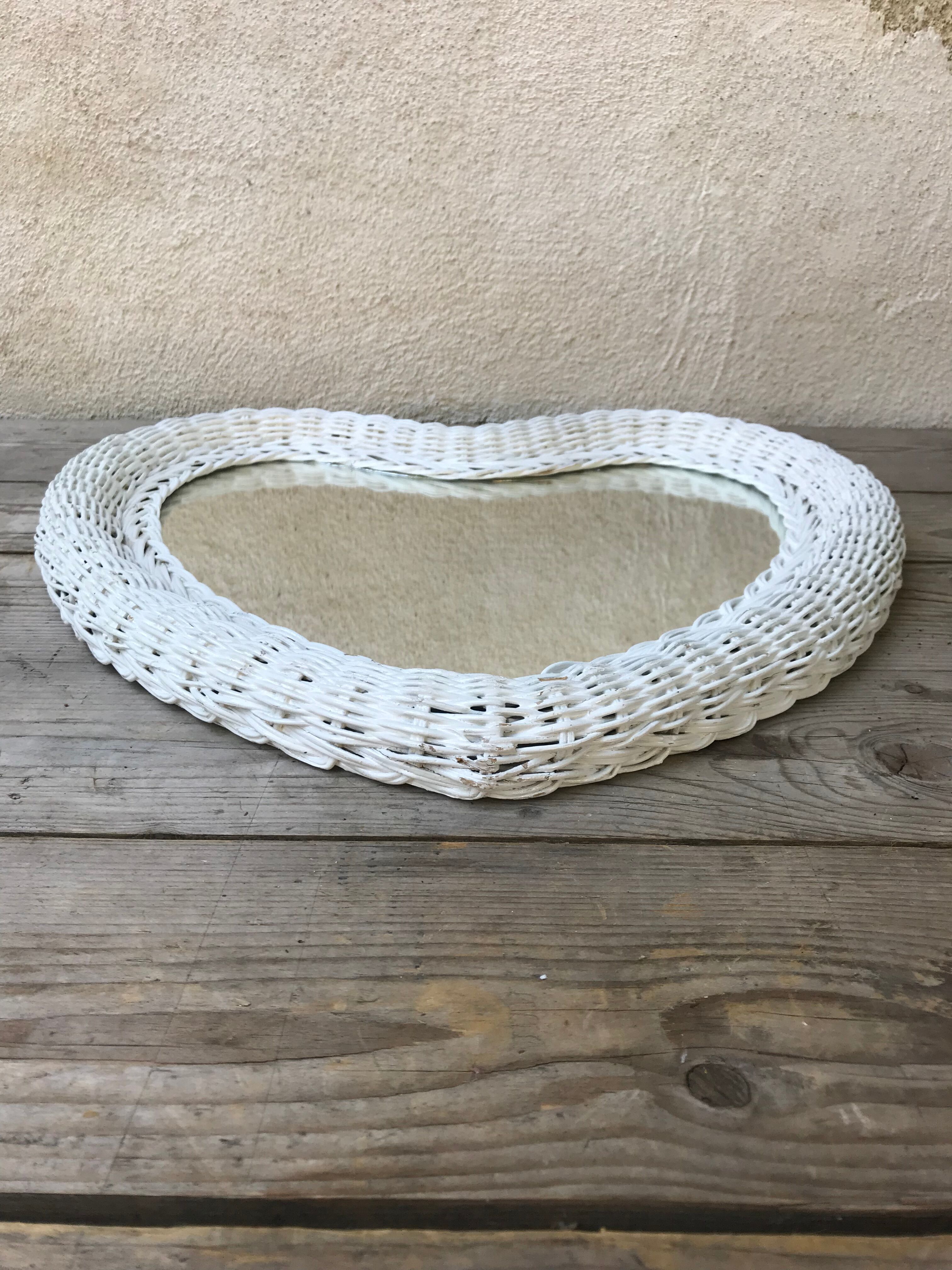 Vintage 60s white rattan mirror 46x46cm