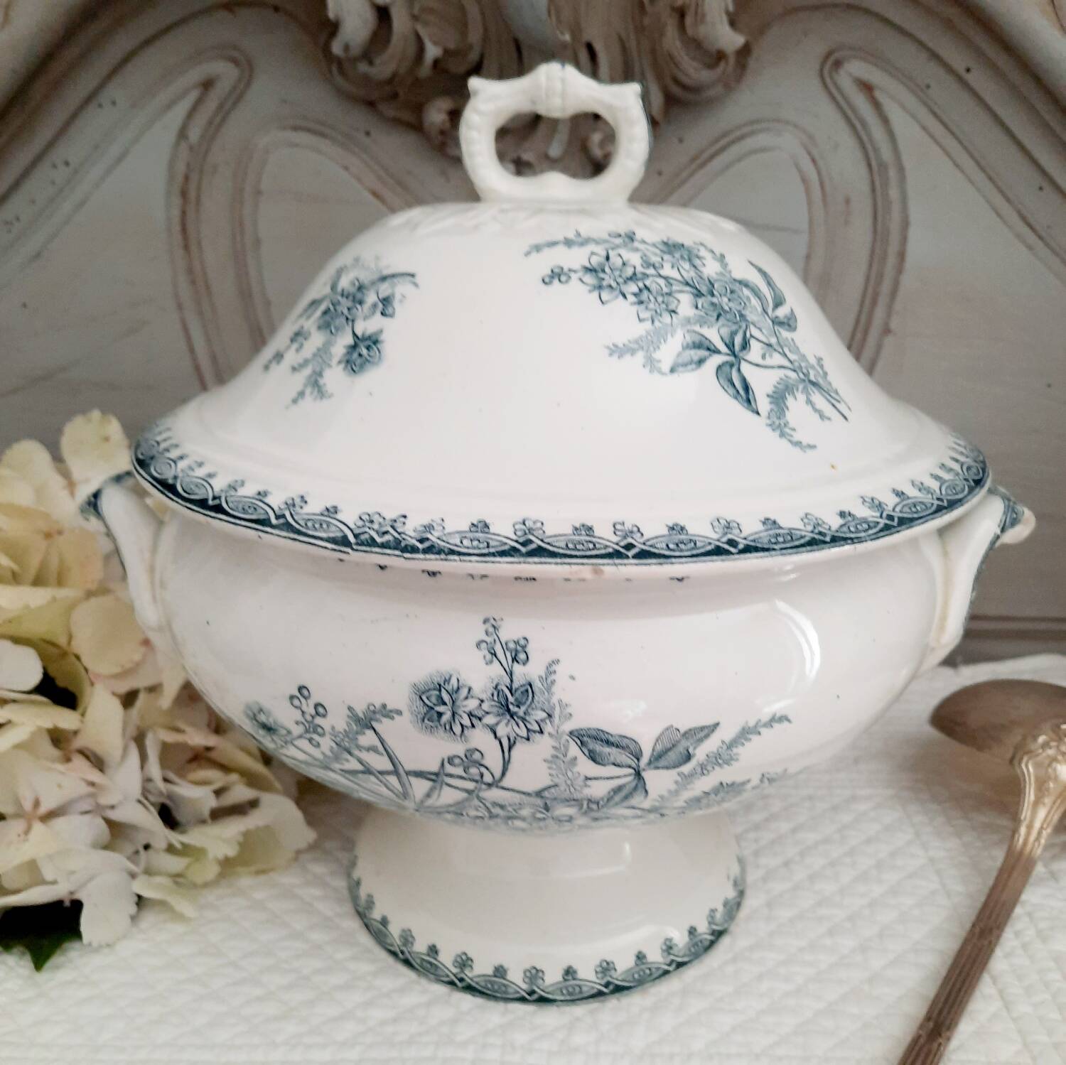 Old mismatched hollow plates in iron earth earthenware accompanied by a soup tureen