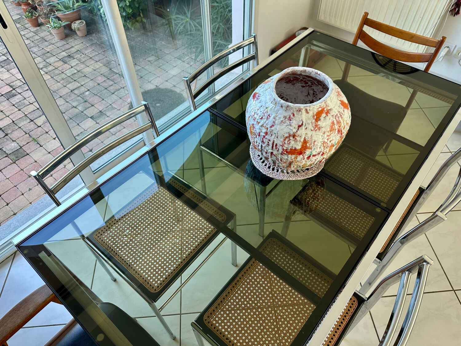 Vintage dining set – smoked glass & chrome – 5 chairs – year