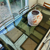 Vintage dining set – smoked glass & chrome – 5 chairs – year