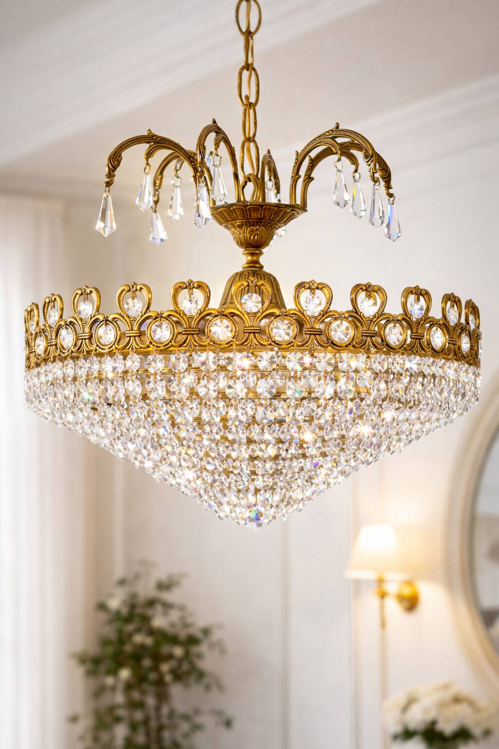 Brass and cut crystal basket chandelier, Empire style.