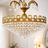 Brass and cut crystal basket chandelier, Empire style.