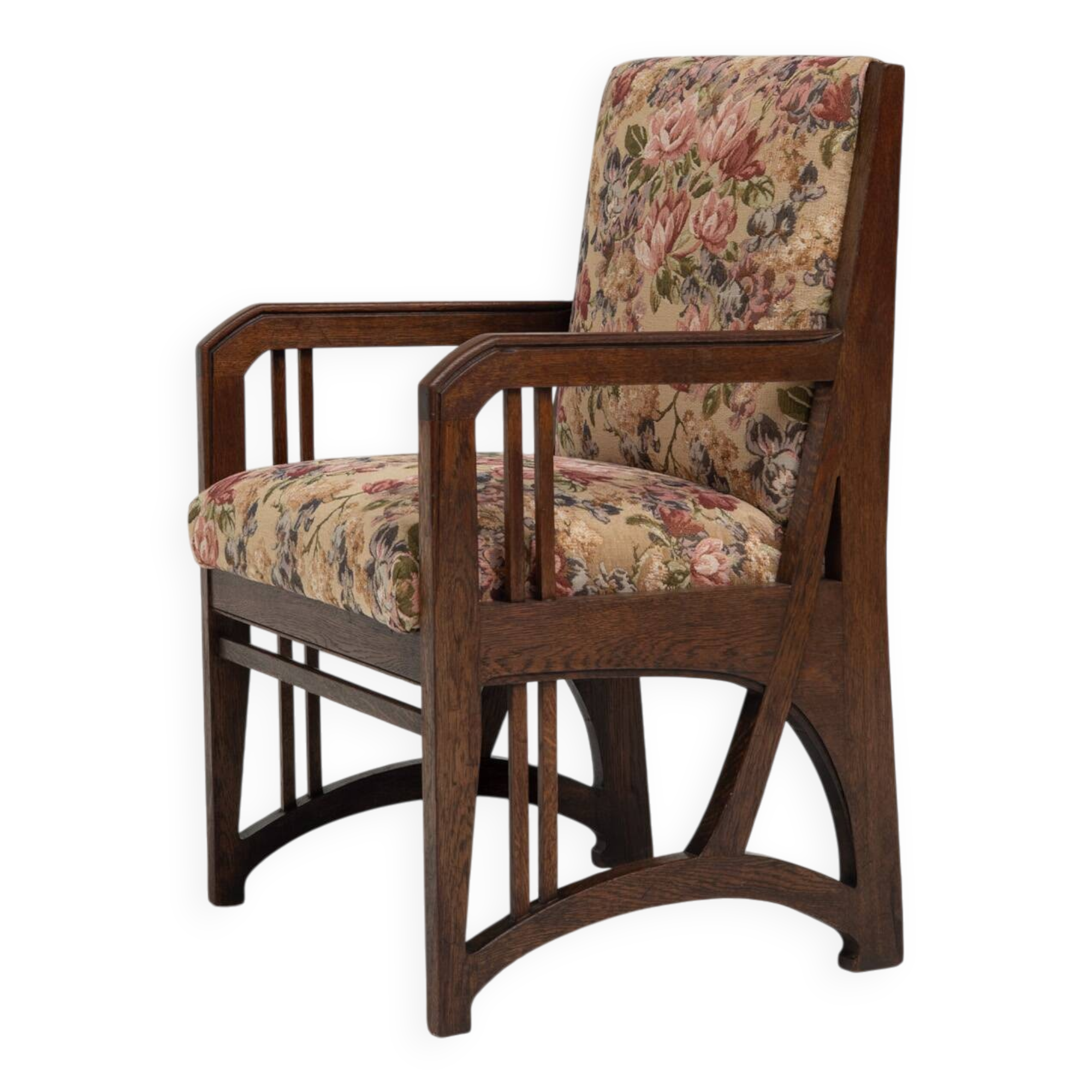 Art Nouveau Armchair in Oak with Floral Upholstery, Belgium, 1900s