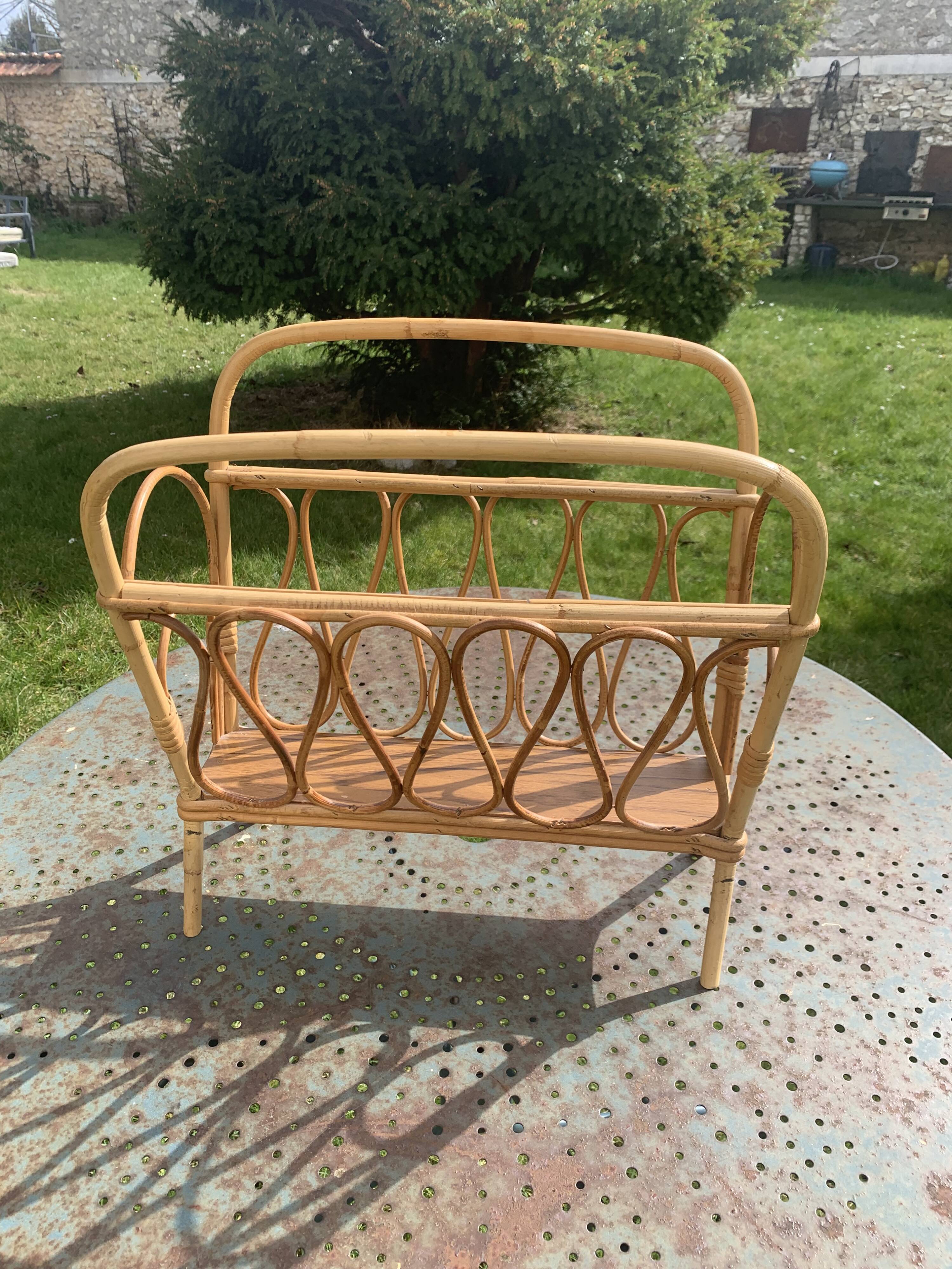 Vintage bamboo and rattan magazine holder 1960
