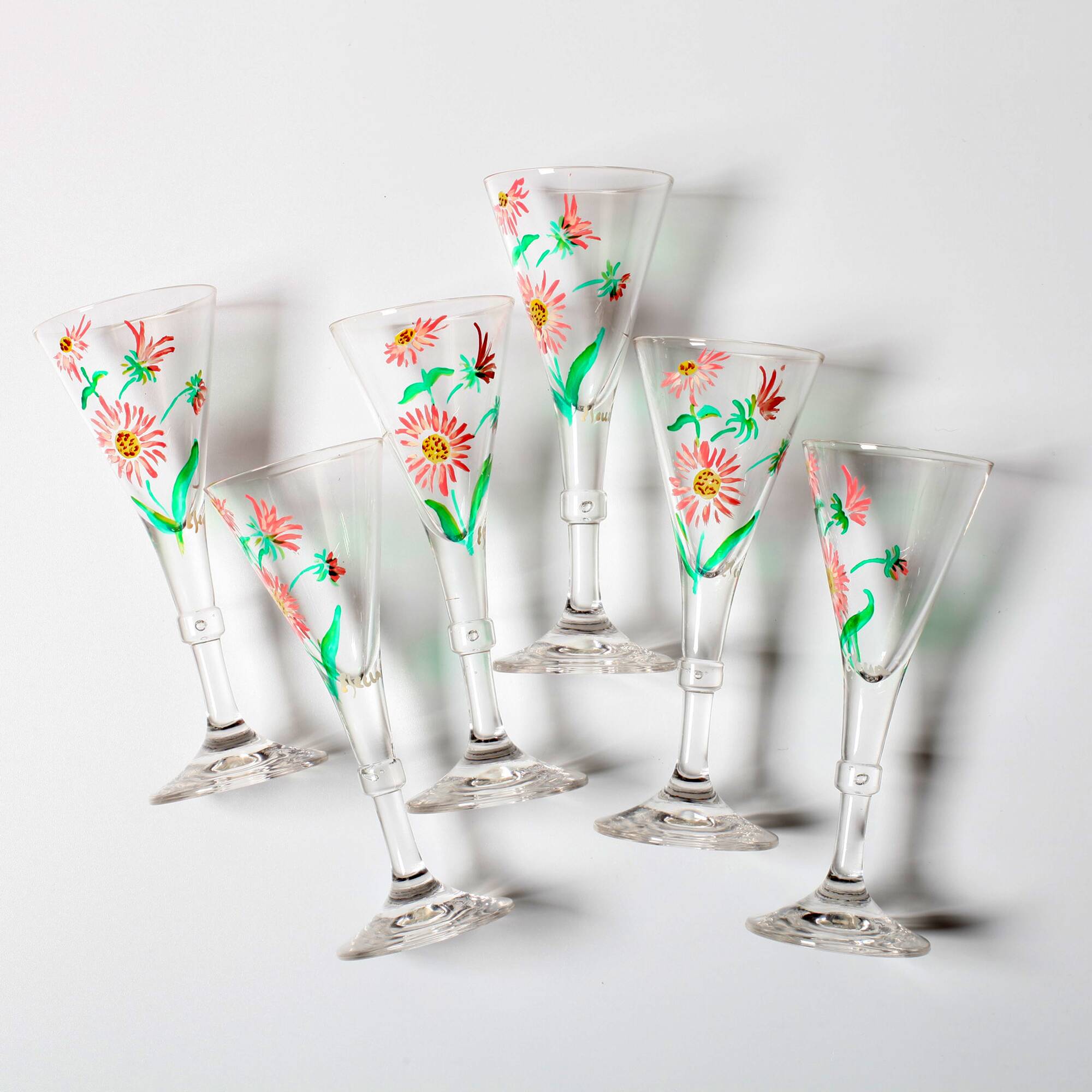 Set of 6 Mid-century Rare Floral Design Champagne Flutes / Italy / 1960s