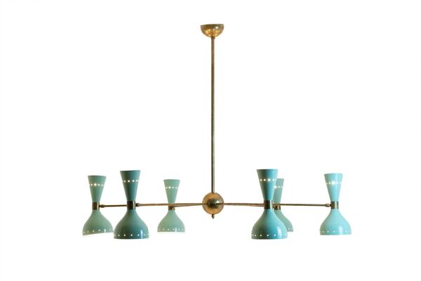 Lustre rayonnant de forme diabolo à 12 lumières. Contemporain.