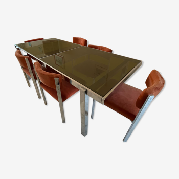 Glass table from the 1970s roche and bobois with 6 chairs