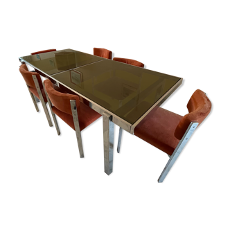 Glass table from the 1970s roche and bobois with 6 chairs