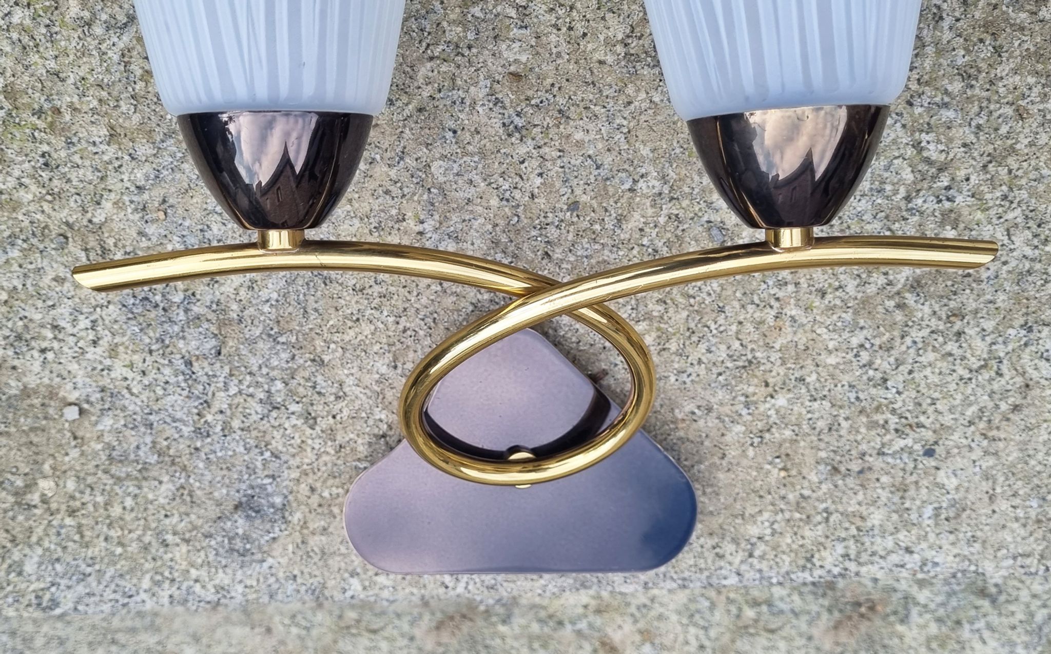 Pair of wall lamps, brass and opaline, vintage, Maison Lunel, 50s