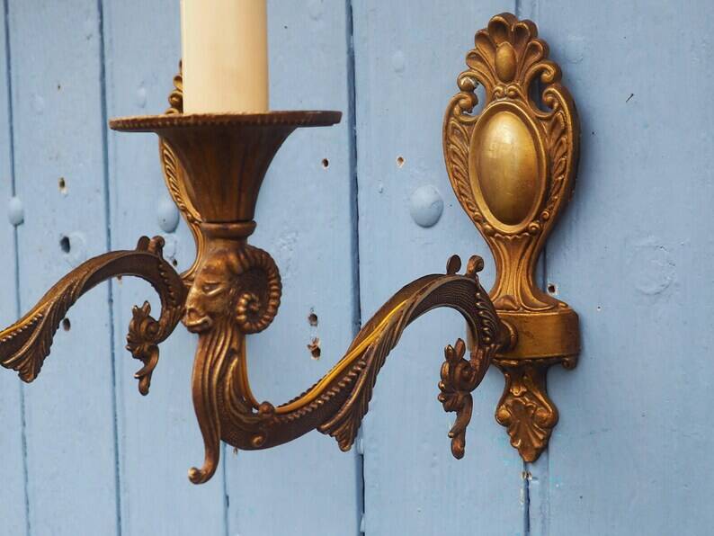 Vintage Rams Head French Bronze Wall Sconces Wall Lights C1930s Pair