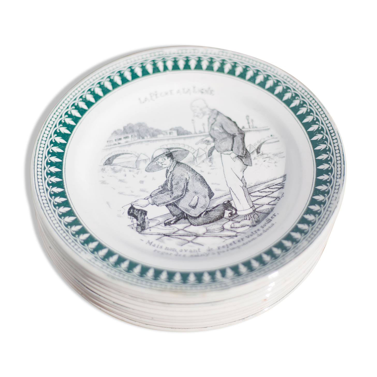 Service ceramic dessert plate St Amand x 11, cheese plate, talking plate theme sport