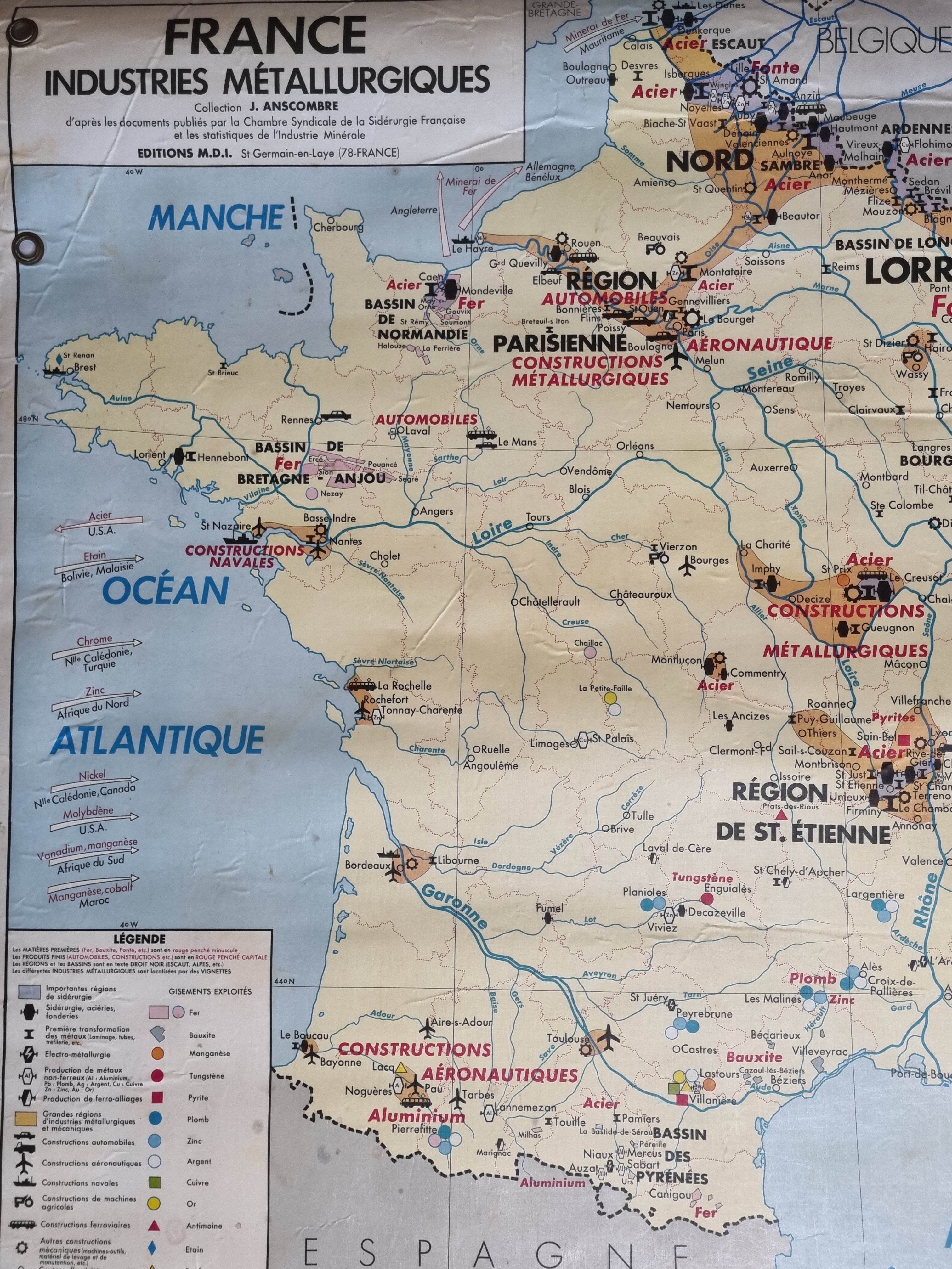 Carte de France pédagogique réversible, MDI, 1968, "Industries métallurgiques", "Sources d'énergie"