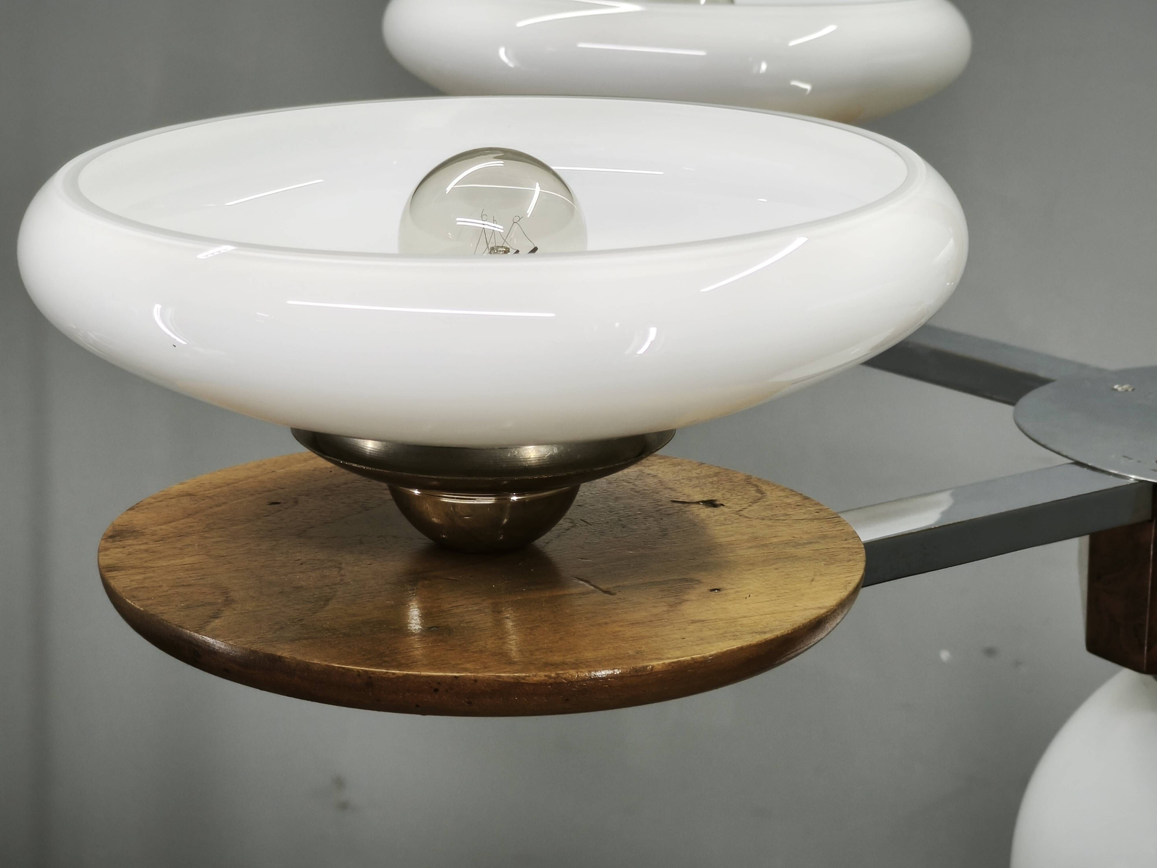 Czech Art Deco Walnut, Chrome and Opaline Glass Chandelier, 1930s