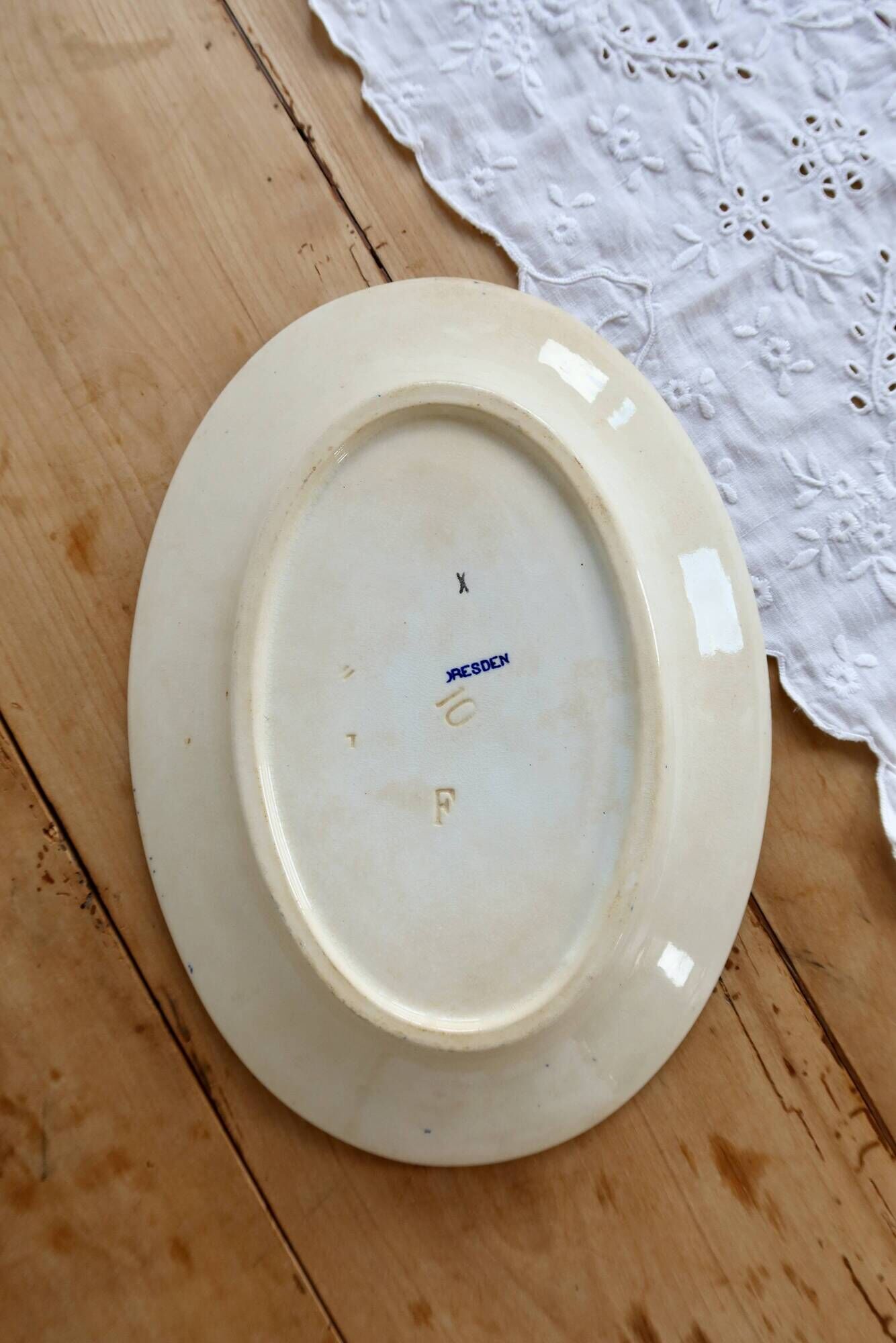 Antique oval plate, Dresden porcelain, blue and white – Baroque floral decoration