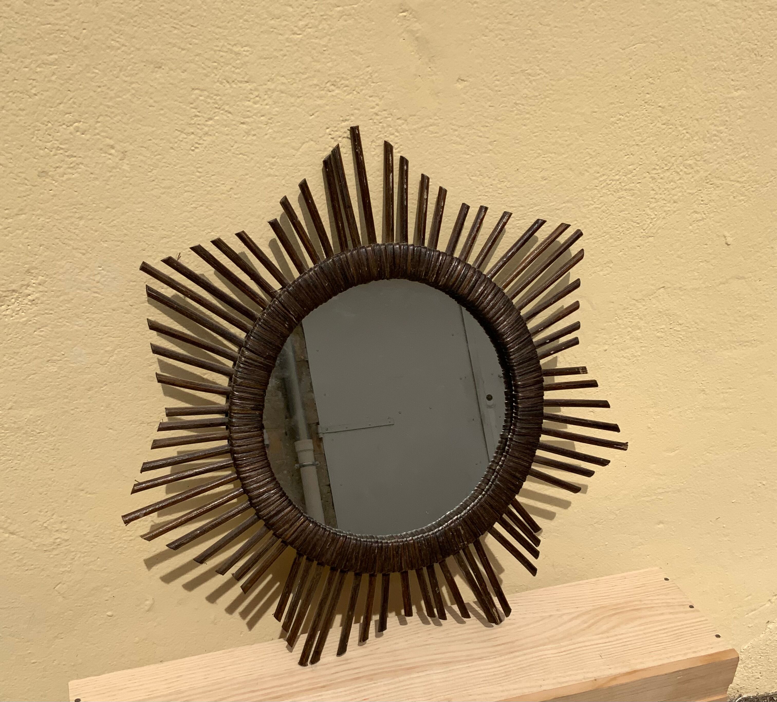 Vintage sun mirror in woven rattan diameter 45 cm retro decoration