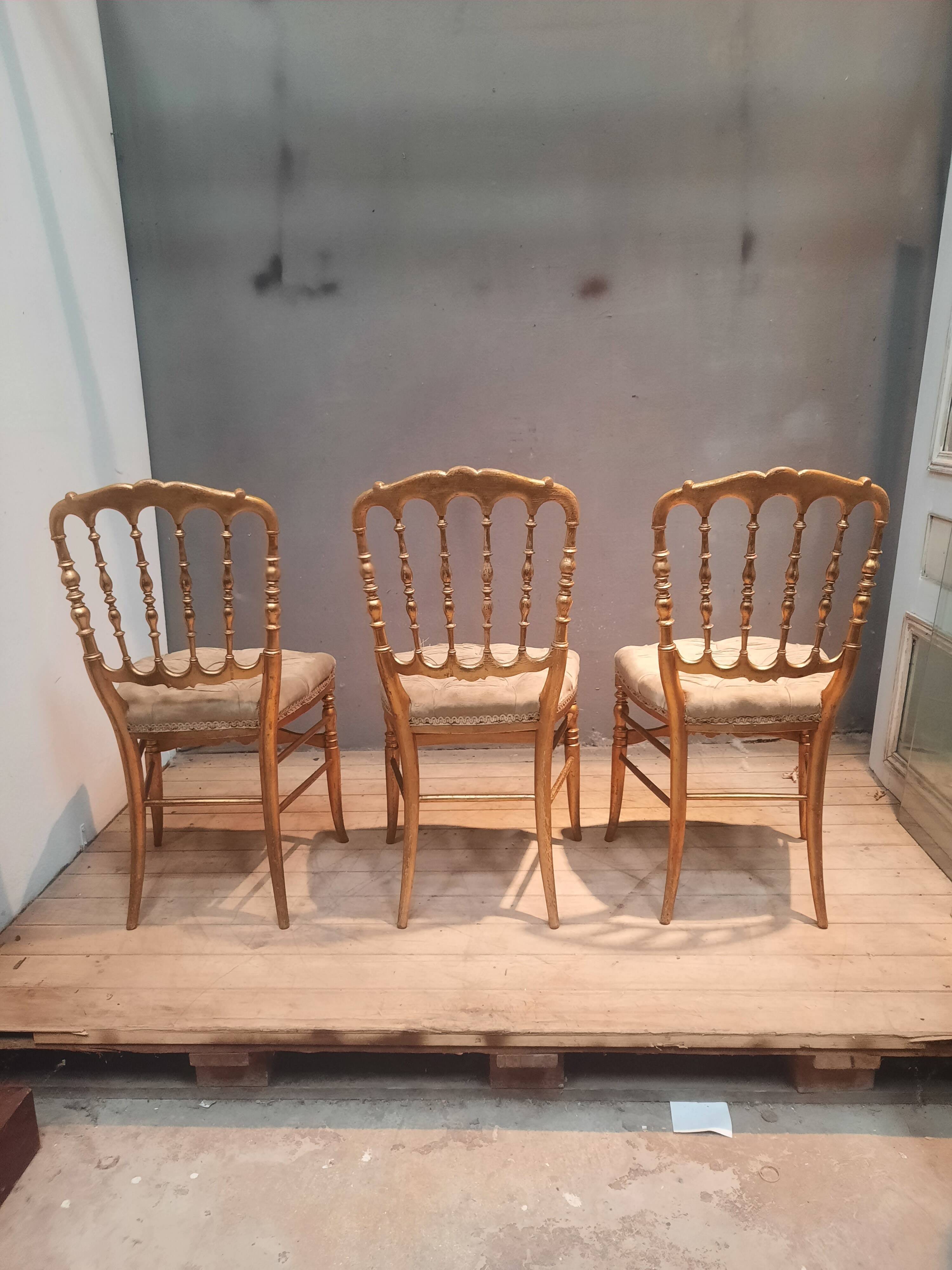 Set of 3 Napoleon III chairs in gilded wood