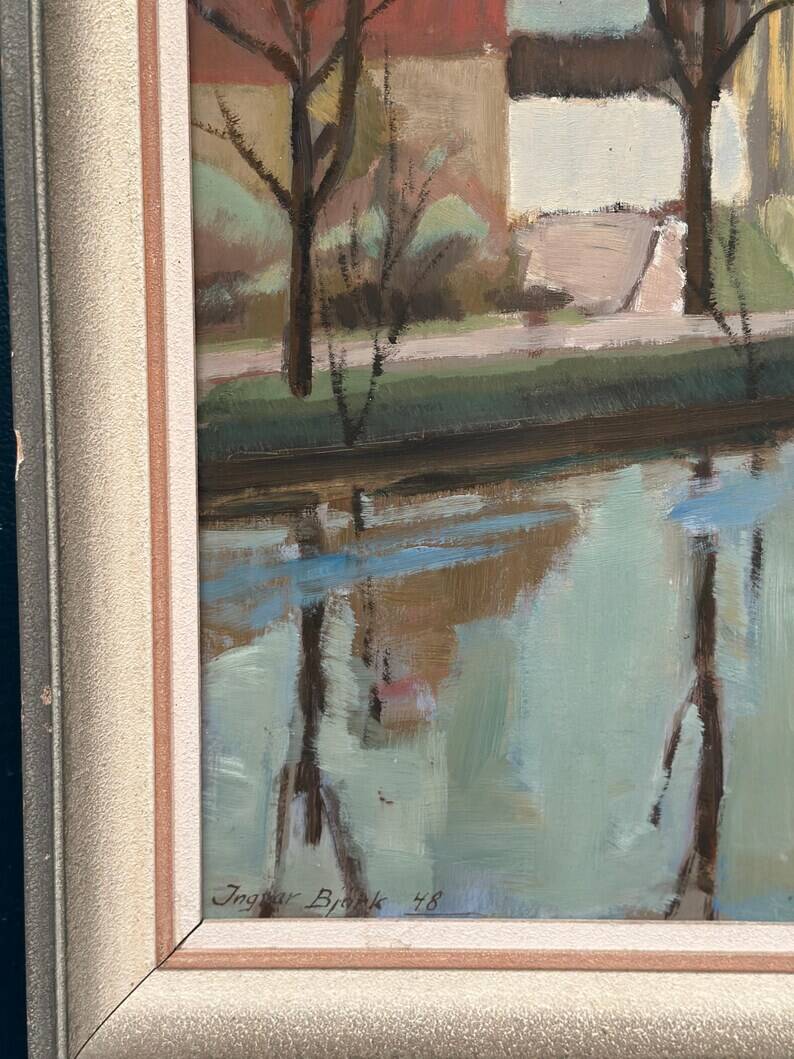 Original Swedish Oil on Canvas - "Landscape with Trees and Buildings" by Ingvar Björk - 1948 - Vintage - Framed - 62 × 48 cm (24.4" × 18.9")