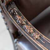 19th century beechwood, metal, and leather throne
