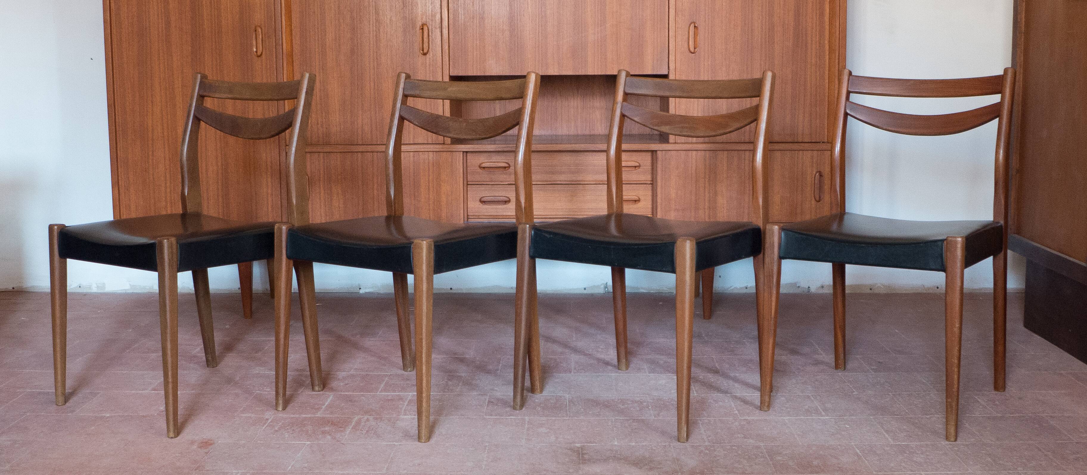 Set of 4 wooden and black faux leather chairs, Scandinavian style, wooden chair