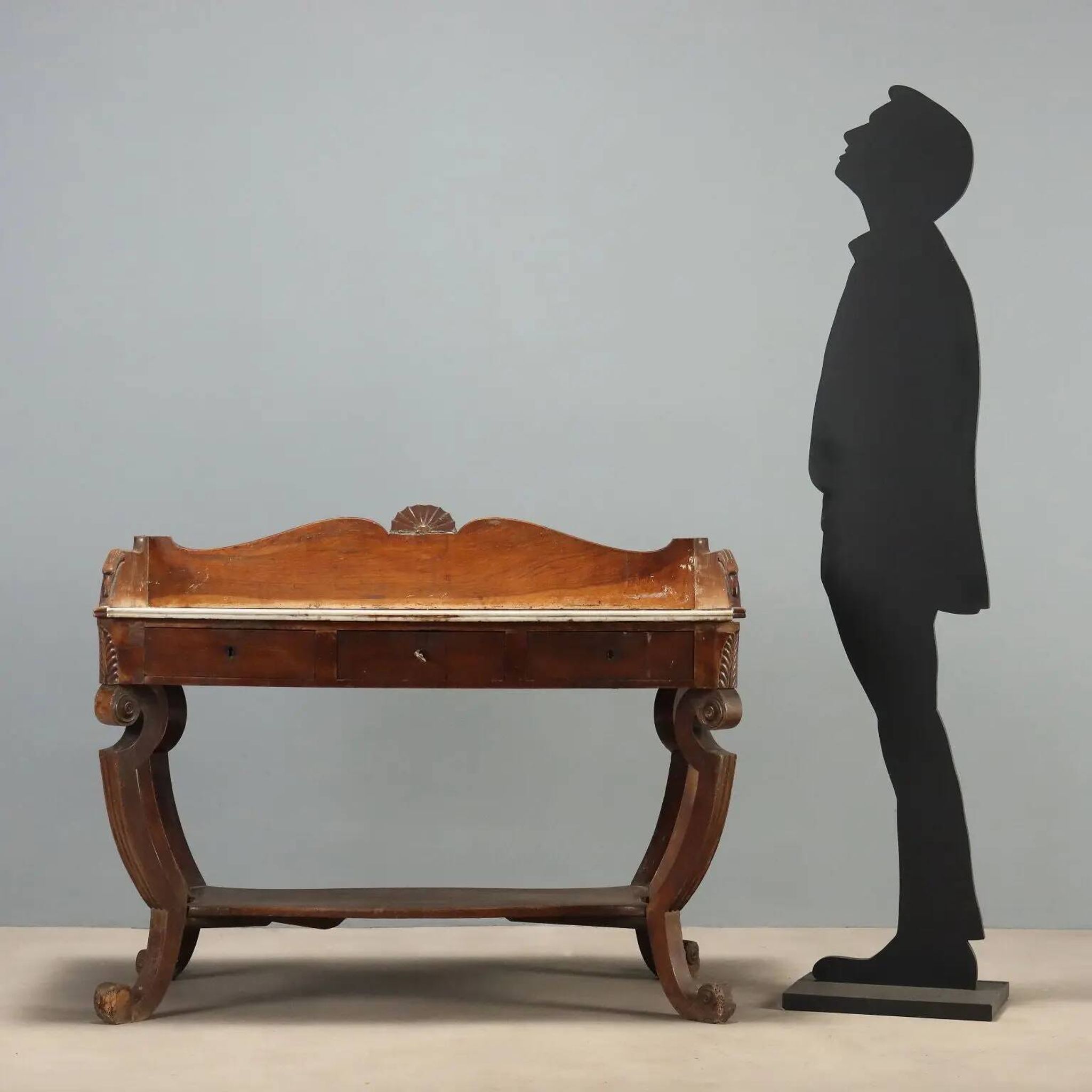 Ancient Empire desk in walnut with marble top, Italy, 19th century.