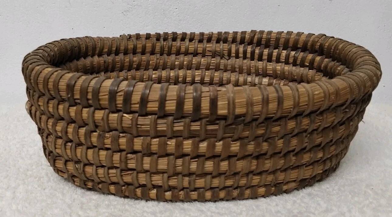 Antique Bread Basket - Vintage Braided Straw Bun Basket