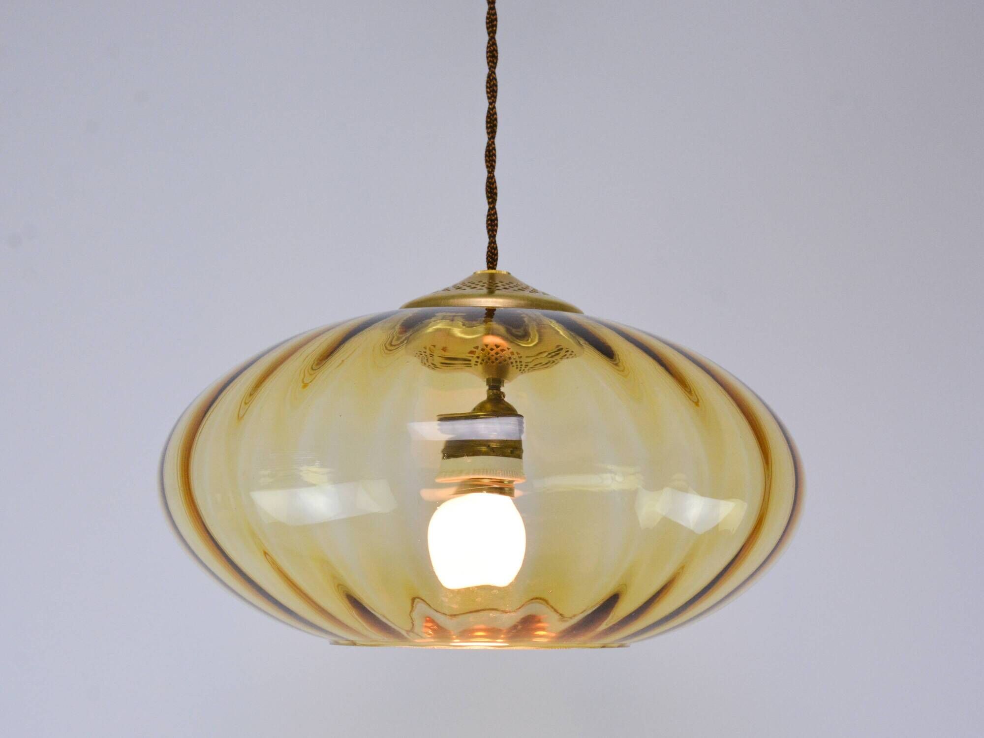 Mid-Century Brass and Light Gold/Yellow Pendant Lamp