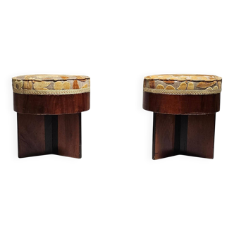 Art Deco stools in walnut and floral printed fabric, Italy.