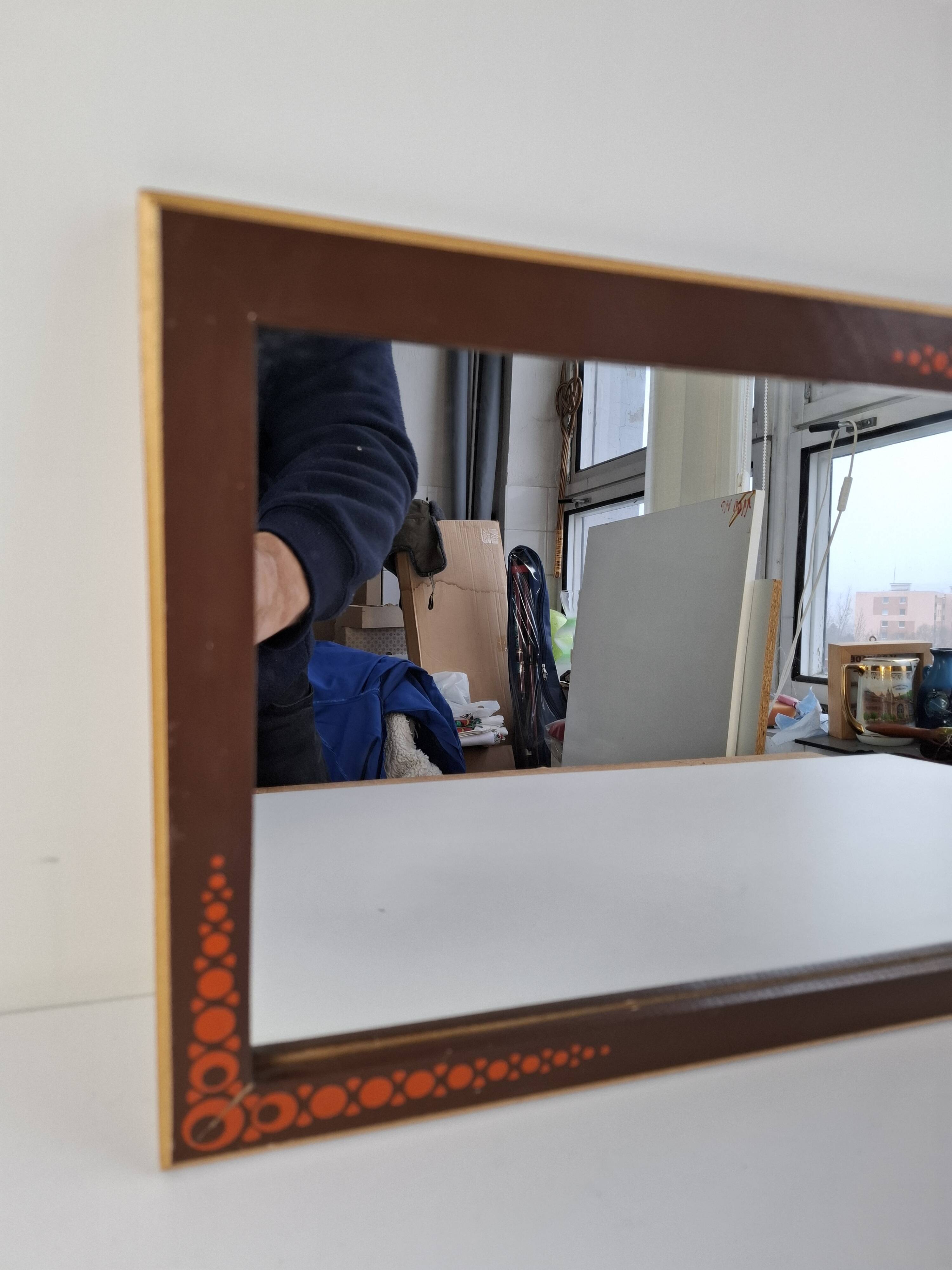 1960s Czechoslovak Mid-Century Wooden Mirror with Graphic Frame Detail