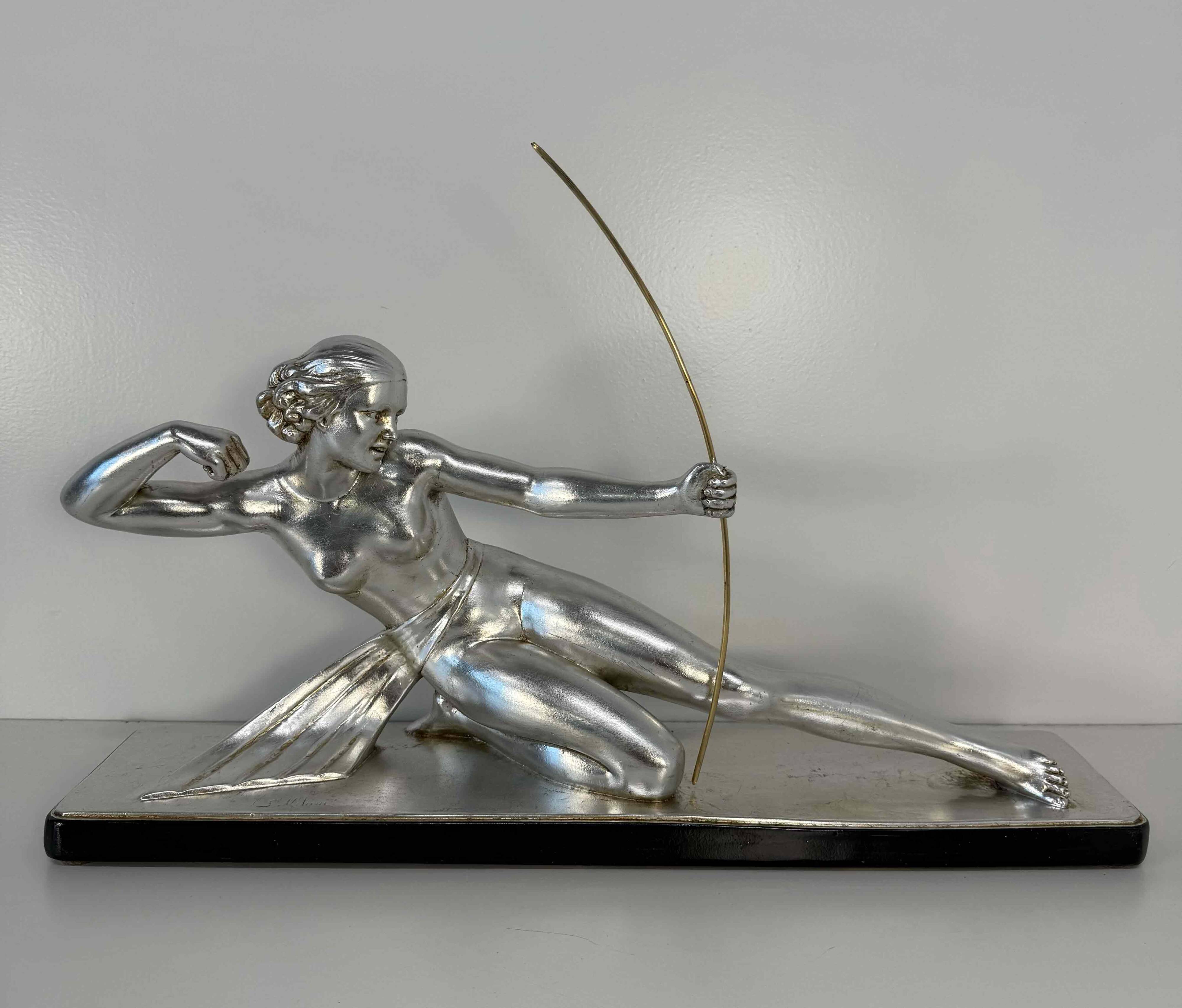 Diana the Huntress Art Deco Silver Leaf Sculpture by Salvatore Melani, 1930