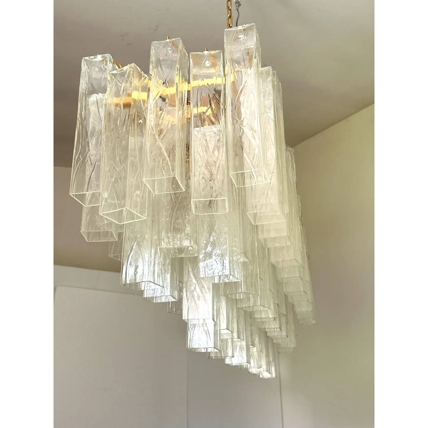 Luxury Italian Rectangular "Square ” Murano Glass Gold Chandelier by Simoen