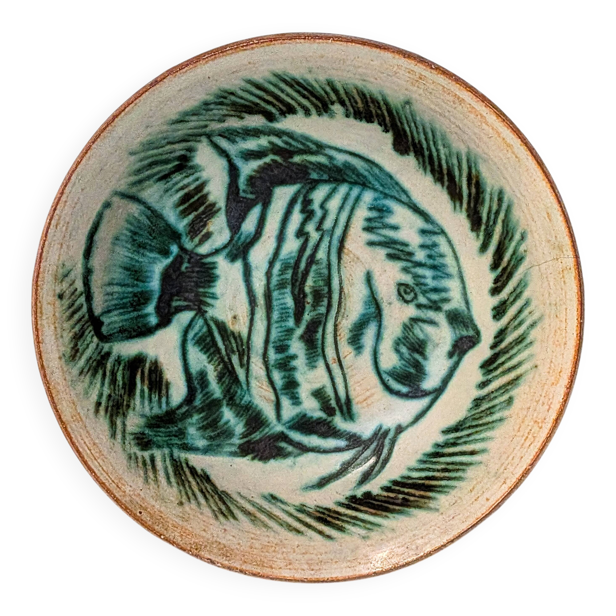 Stoneware bowl with fish decoration signed Maurice A. – studio pottery