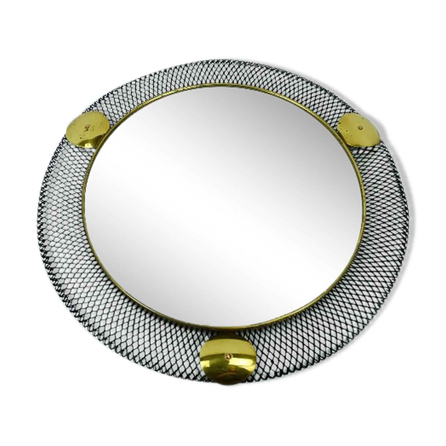 1950's mid century wall mirror with wire mesh frame and brass