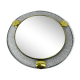 1950's mid century wall mirror with wire mesh frame and brass