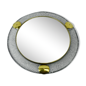 1950's mid century wall mirror with wire mesh frame and brass