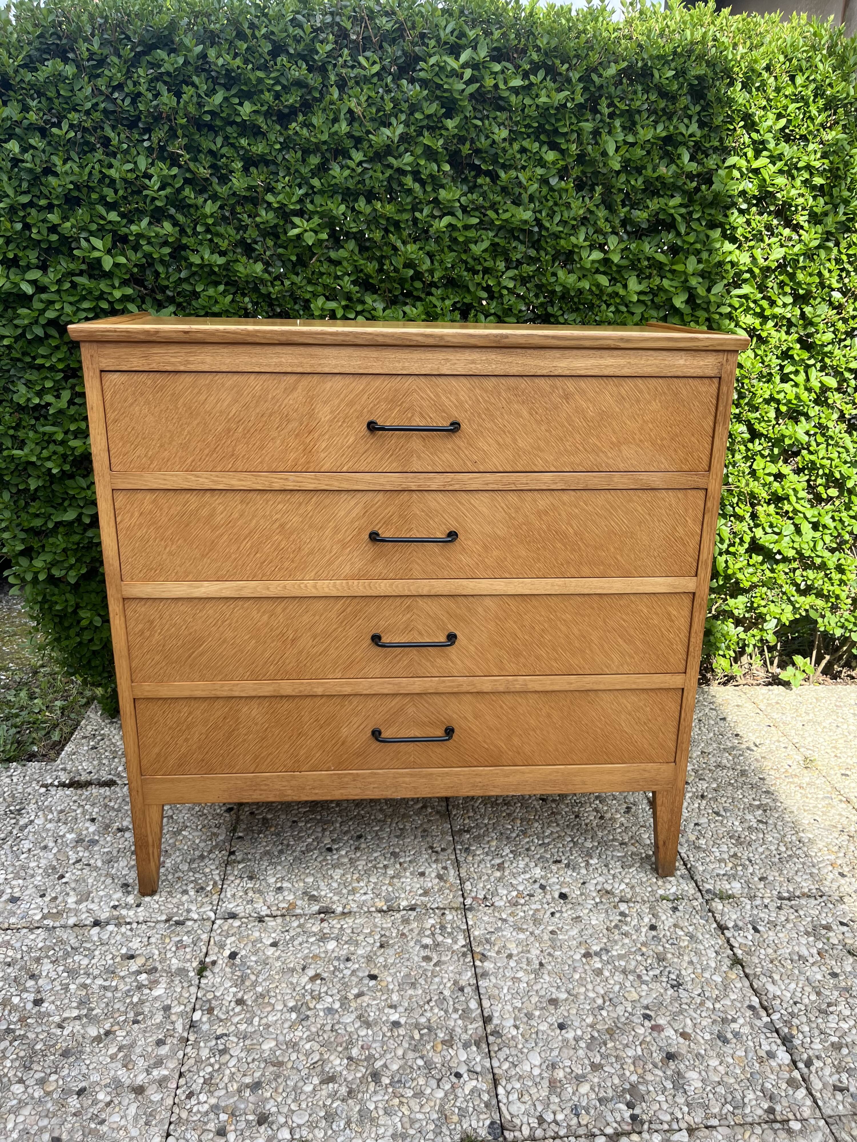 Commode vintage 4 tiroirs chêne clair 1960