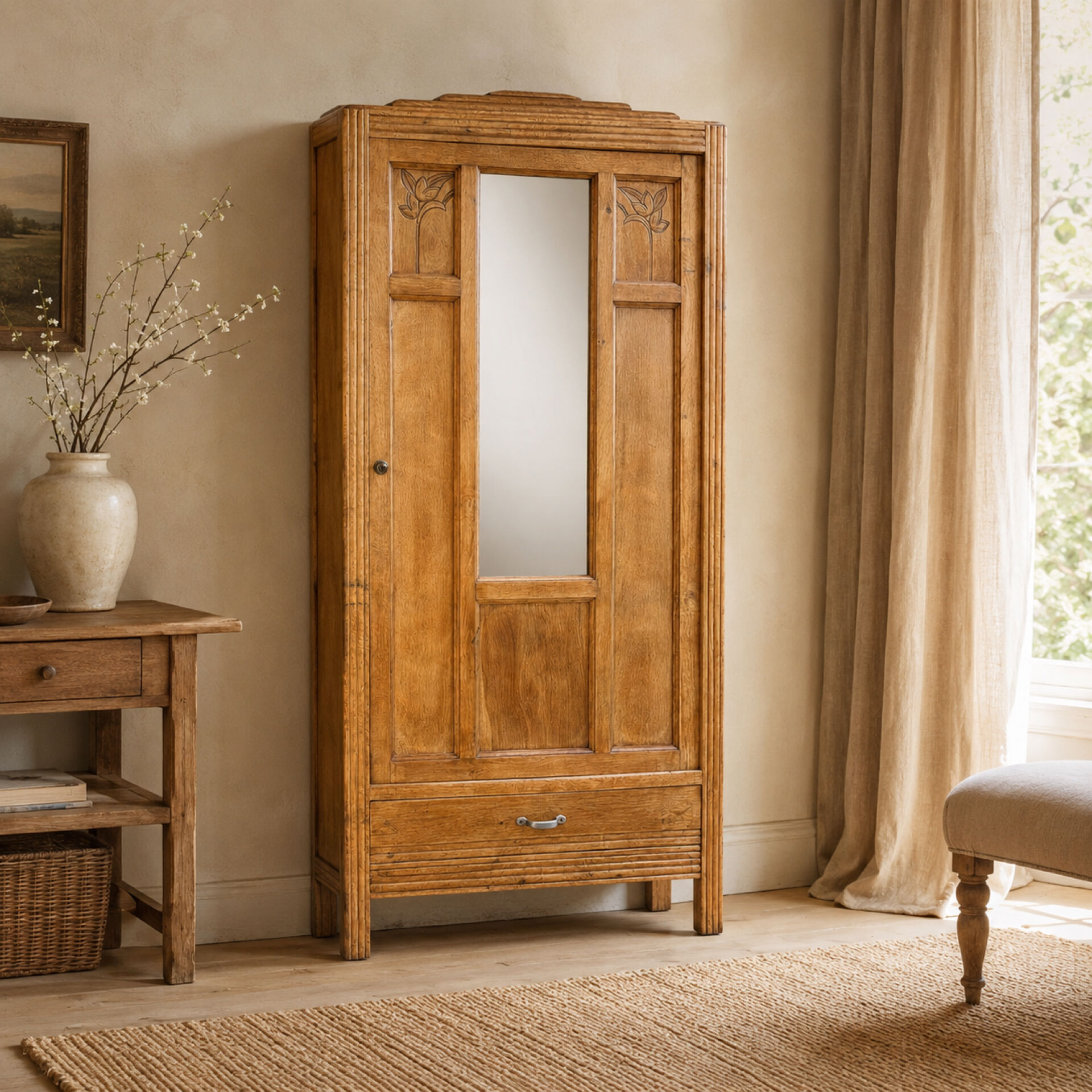 Parisian Art Deco wardrobe in raw oak, renovated.